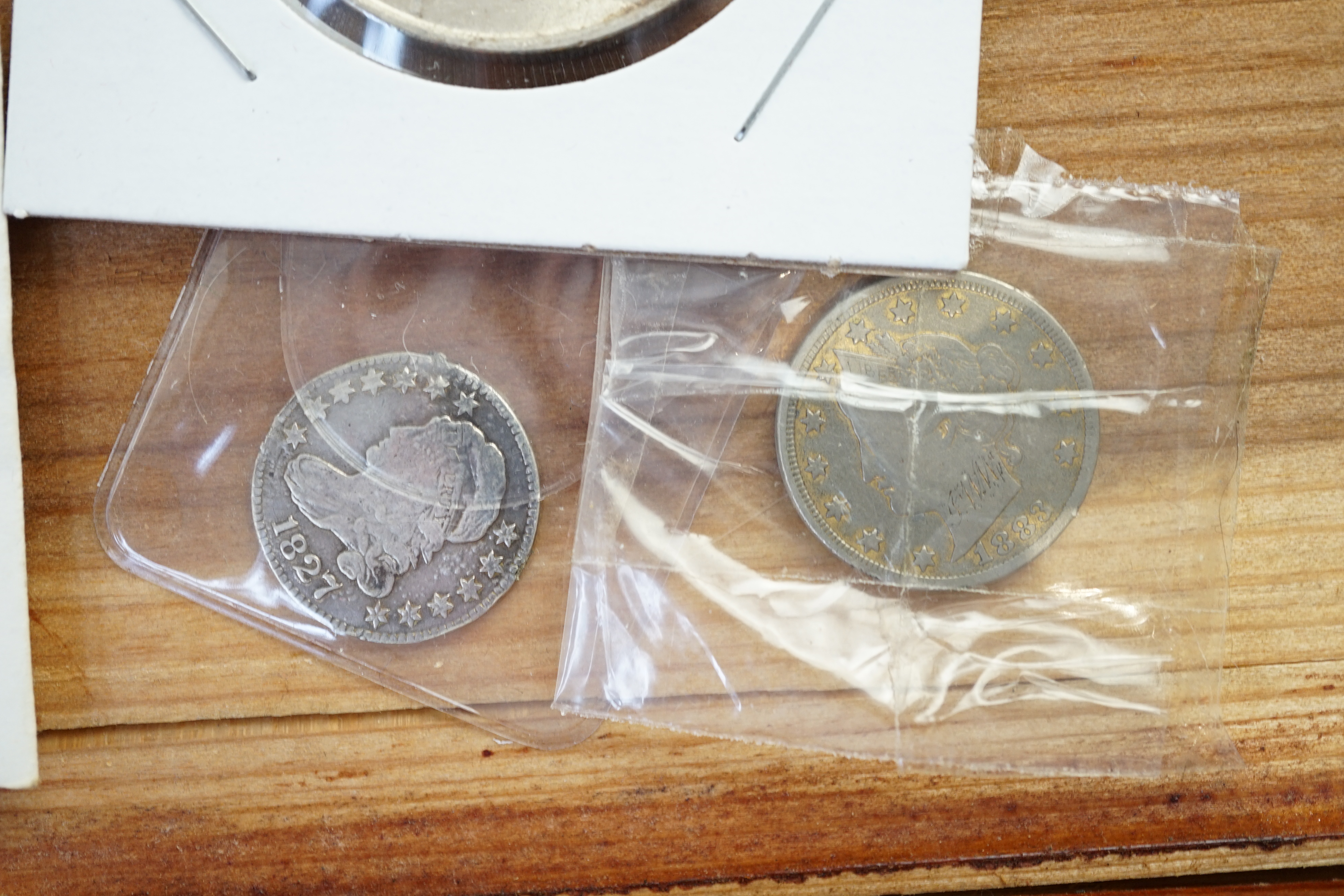 USA coins, to include silver eagle dollar 2013 in PCGS slab, 1858O half dollar, good VF, various dimes, half dimes, one cents together with five US silver certificate $1 notes banknotes (three series 1935E and two 1957B)